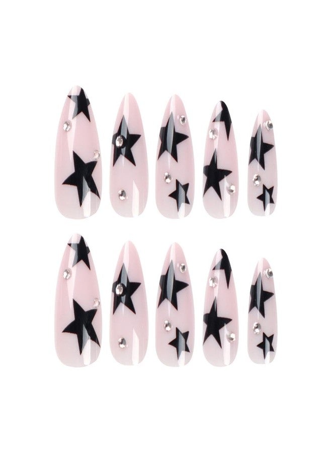 Maigitur Black Star Press on Nails Medium Almond Fake Nails with Design Rhinestone Stick on Nails Acrylic Nail Star False Nail Glossy Natural Nude Glue on Nail for Women Girls Manicure 24Pcs… - Image 5